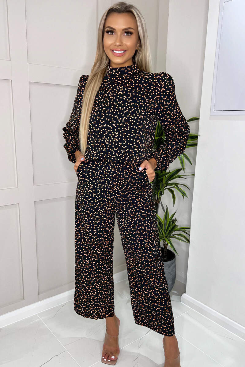 Black Heart Printed Long Sleeve Jumpsuit - Swimclubus