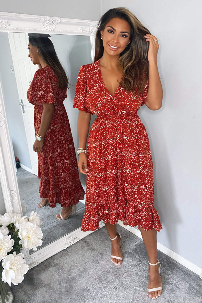 Rust Dot Printed Elasticated Waist Midi Dress - Swimclubus