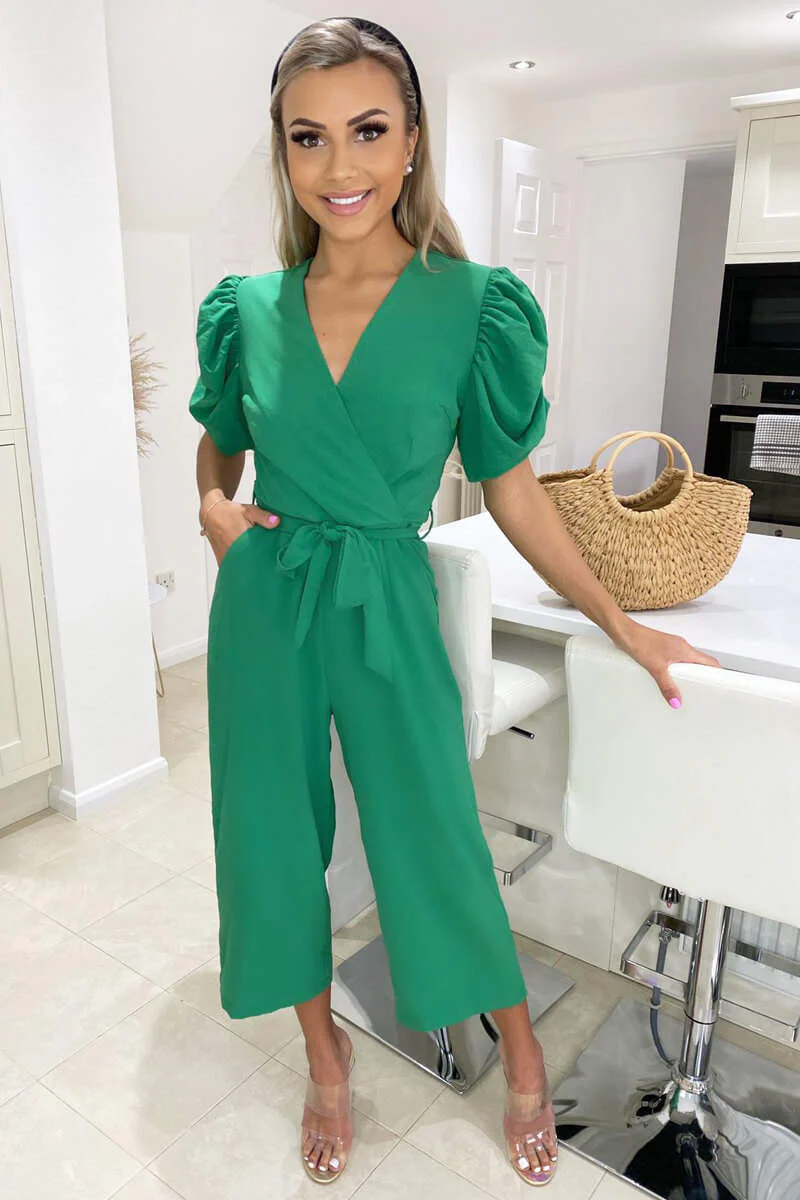 Green Wrap Over Tie Waist Jumpsuit - Swimclubus
