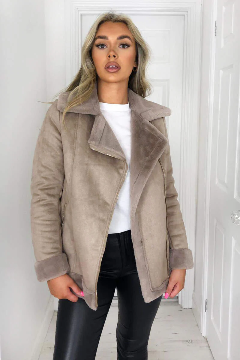 Stone Faux Suede Aviator Jacket - Swimclubus