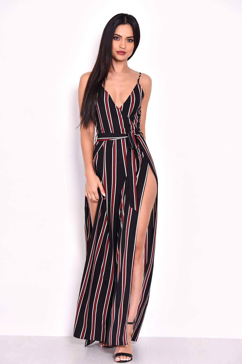 Black Striped Tie Waist Split Leg Jumpsuit - Swimclubus