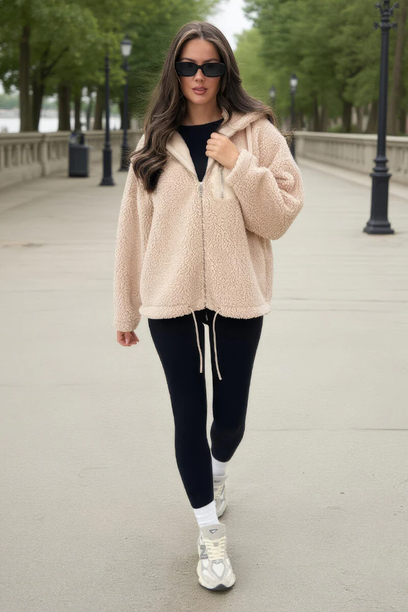 Oatmeal Pocket Detail Hooded Teddy Jacket - Swimclubus