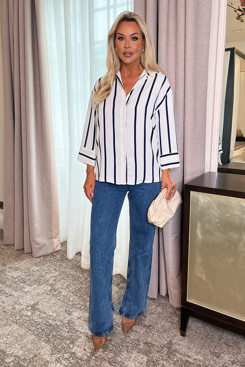 Cream And Navy Striped 3/4 Sleeve Shirt - Swimclubus