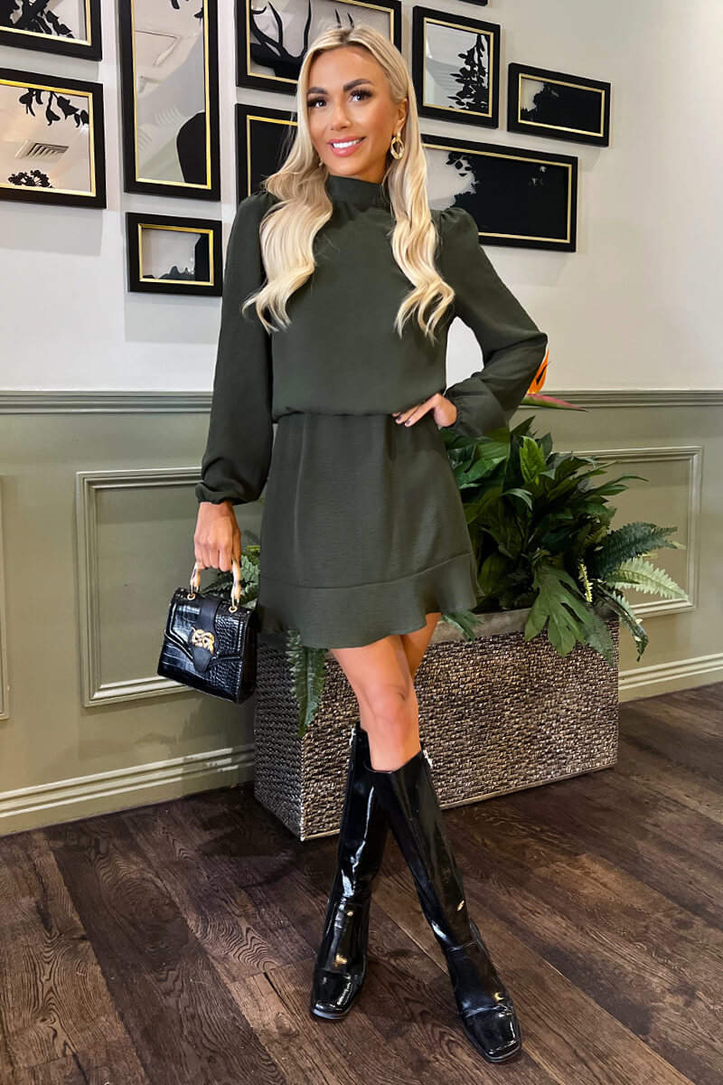 Olive High Neck Long Sleeve Mini Dress - Swimclubus