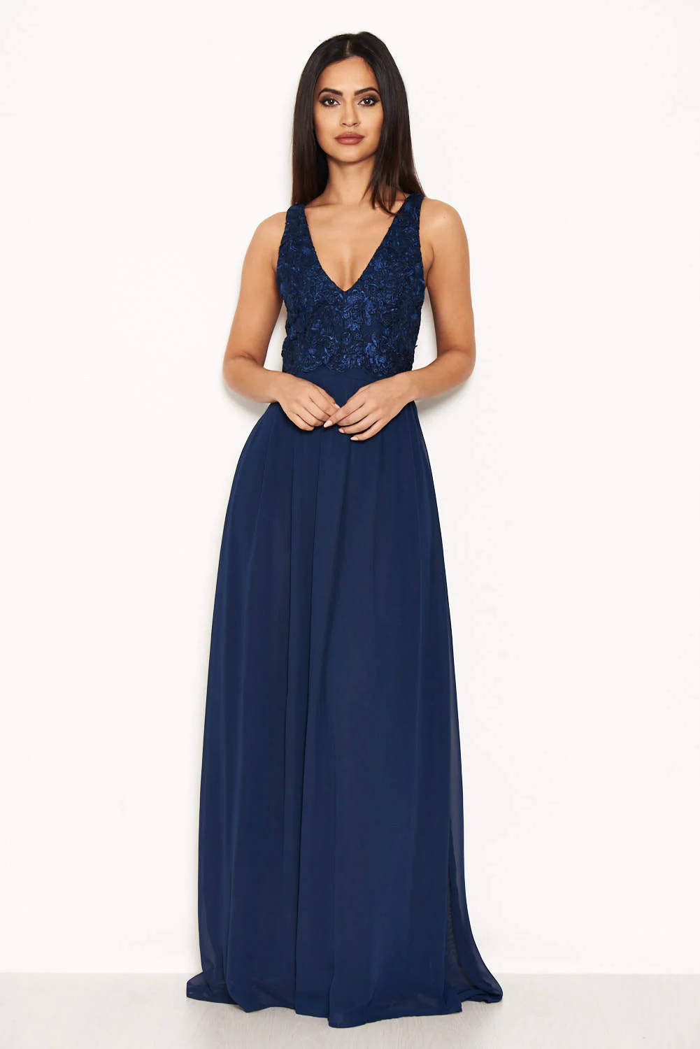 Navy Lace Detail V Neck Maxi Dress - Swimclubus