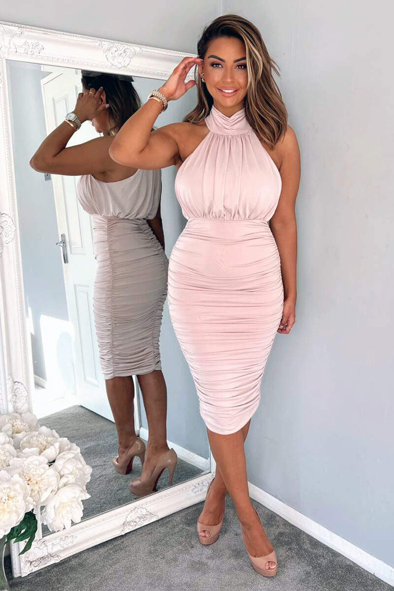 Nude Ruched High Neck Midi Dress - Swimclubus