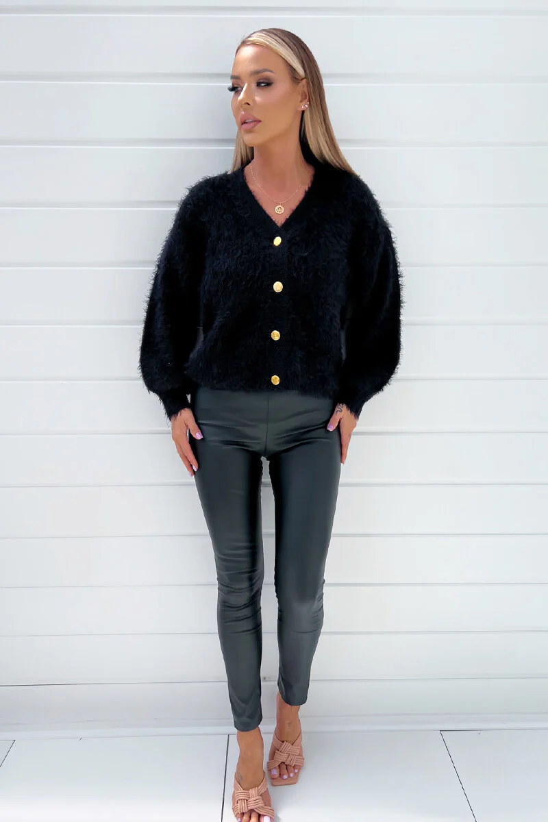 Black Fluffy Knit Button Front Cropped Cardigan - Swimclubus