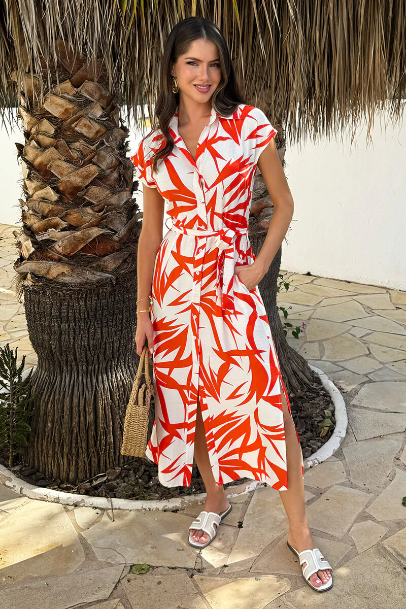 Orange And Cream Tropical Print Tie Waist Shirt Midi Dress - Swimclubus