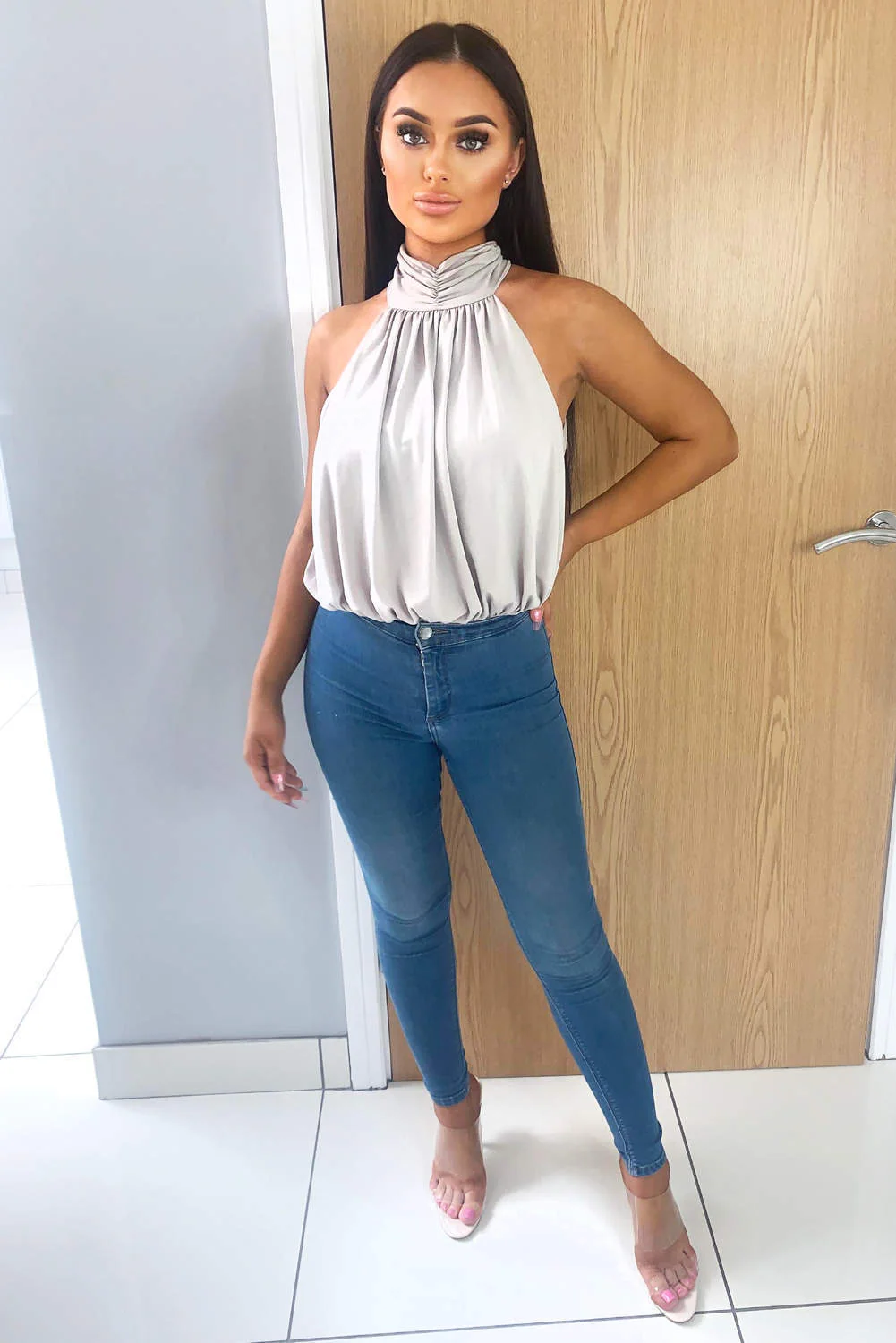 Silver High Neck Gathered Bodysuit - Swimclubus