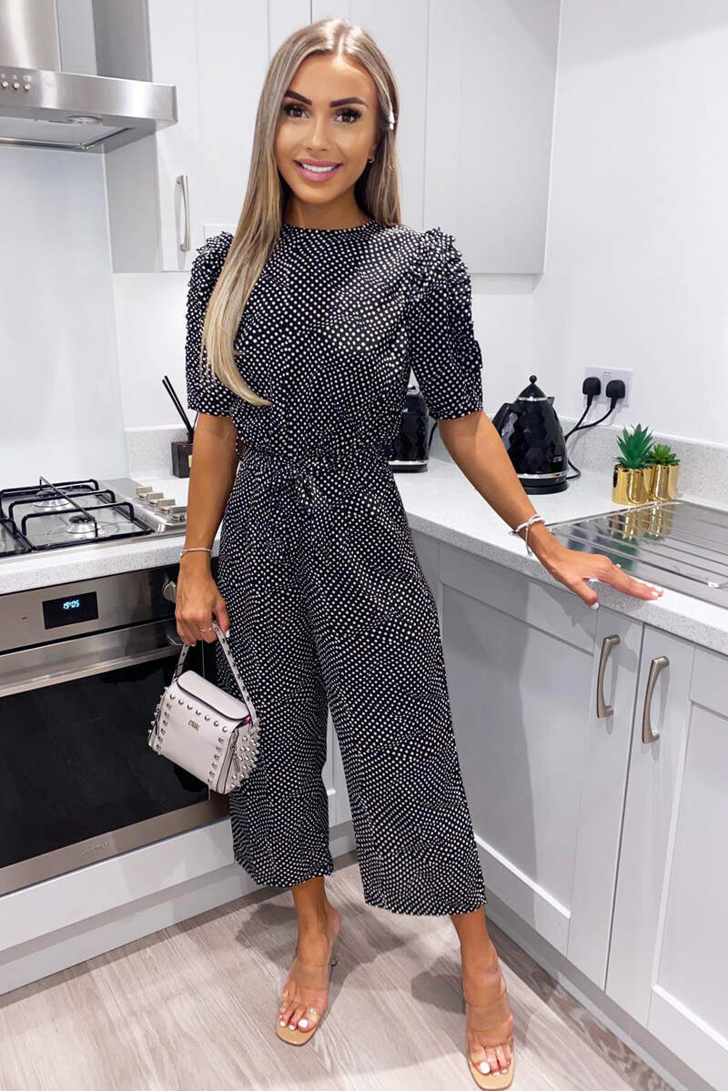 Black Polka Dot Frill Cuff Sleeve Jumpsuit - Swimclubus