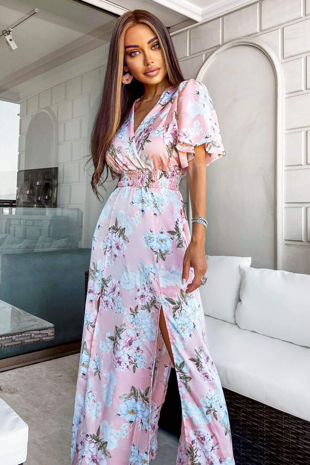 Pink Floral Side Split Maxi Dress - Swimclubus