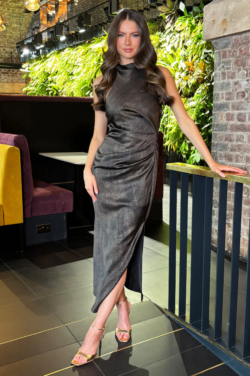 Brown Croc Pattern Halter Neck Midi Dress - Swimclubus