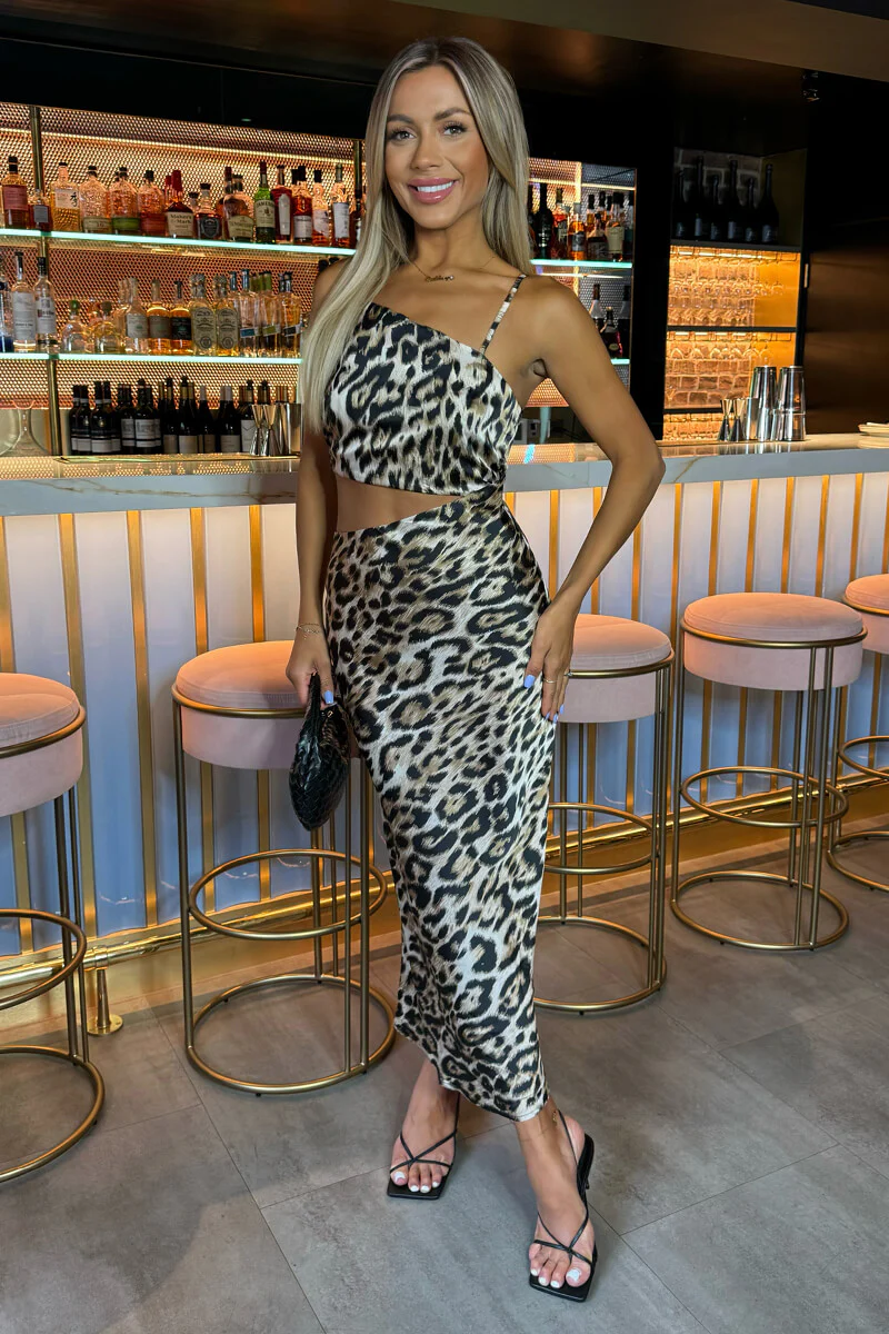 Multi Leopard Print Asymmetric Cut Out Midi Dress - Swimclubus