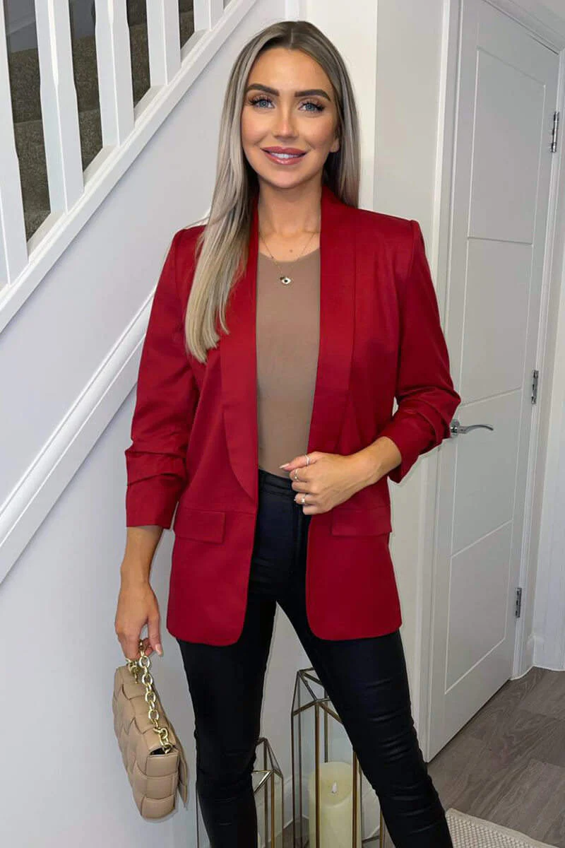 Red Ruched Sleeve Blazer - Swimclubus