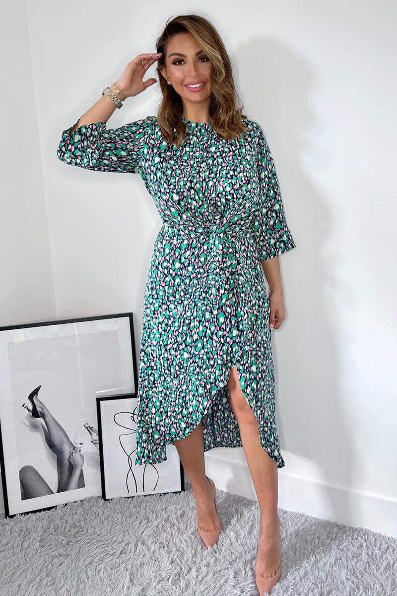 Navy Green And Pink Printed Wrap Tie Front Midi Dress - Swimclubus
