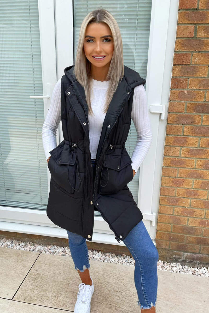 Black Square Pocket Hooded Gilet - Swimclubus