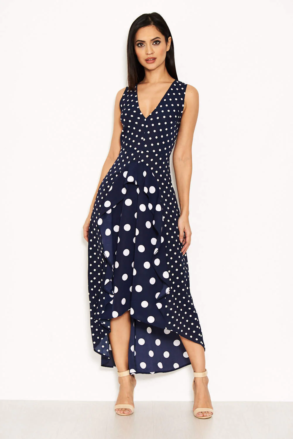 Navy Polka Dot Asymmetric Dress - Swimclubus