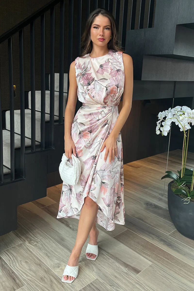 Blush Floral Print Gathered Midi Dress With Shoulder Pads - Swimclubus