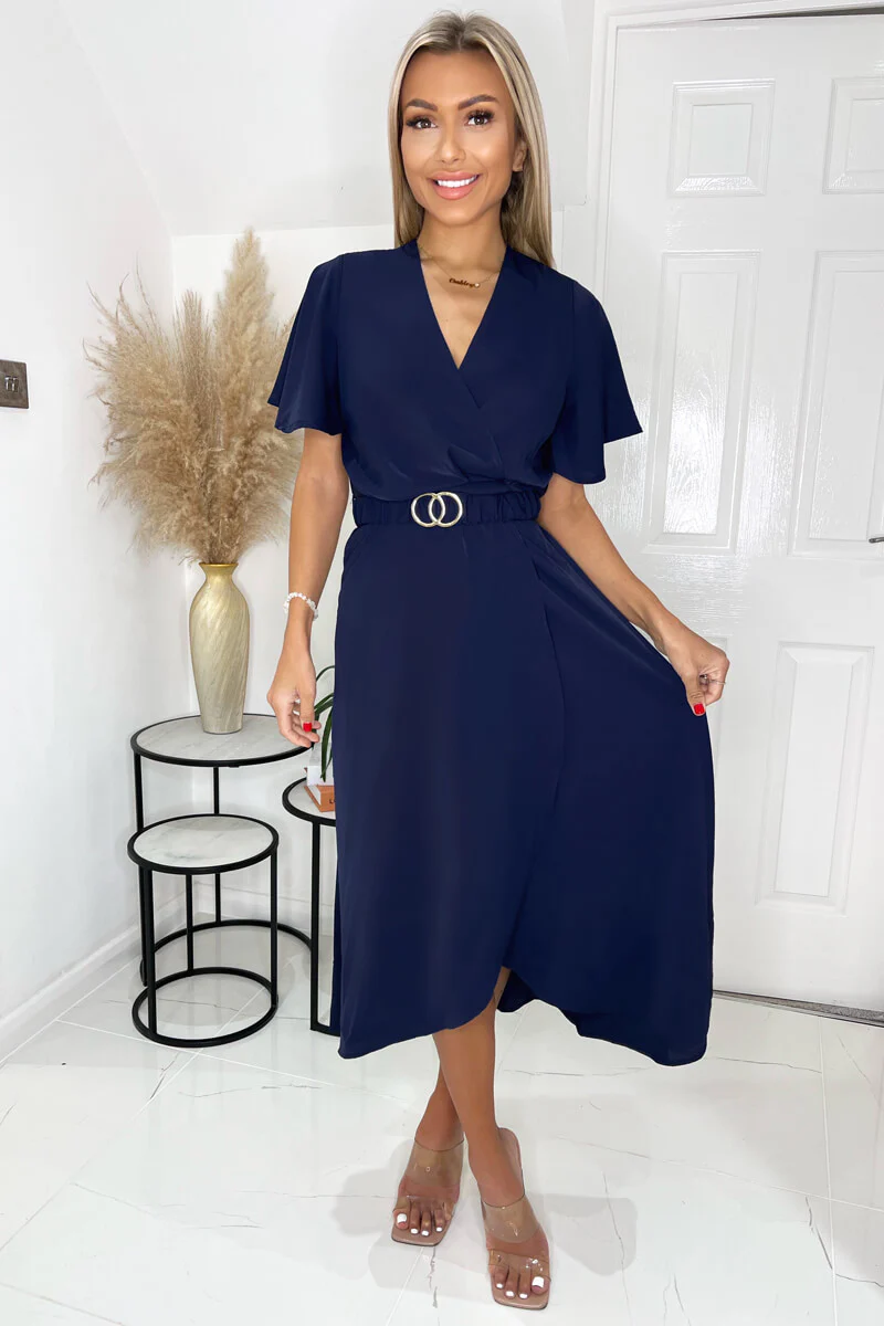 Navy Short Sleeve Belted Wrap Midi Dress - Swimclubus
