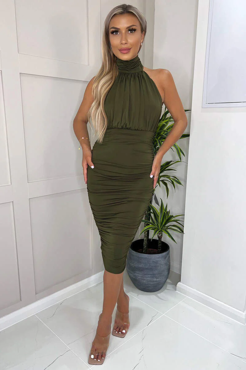 Olive Ruched High Neck Midi Dress - Swimclubus