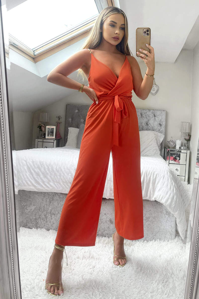 Orange Cropped Jumpsuit With Chain Straps - Swimclubus