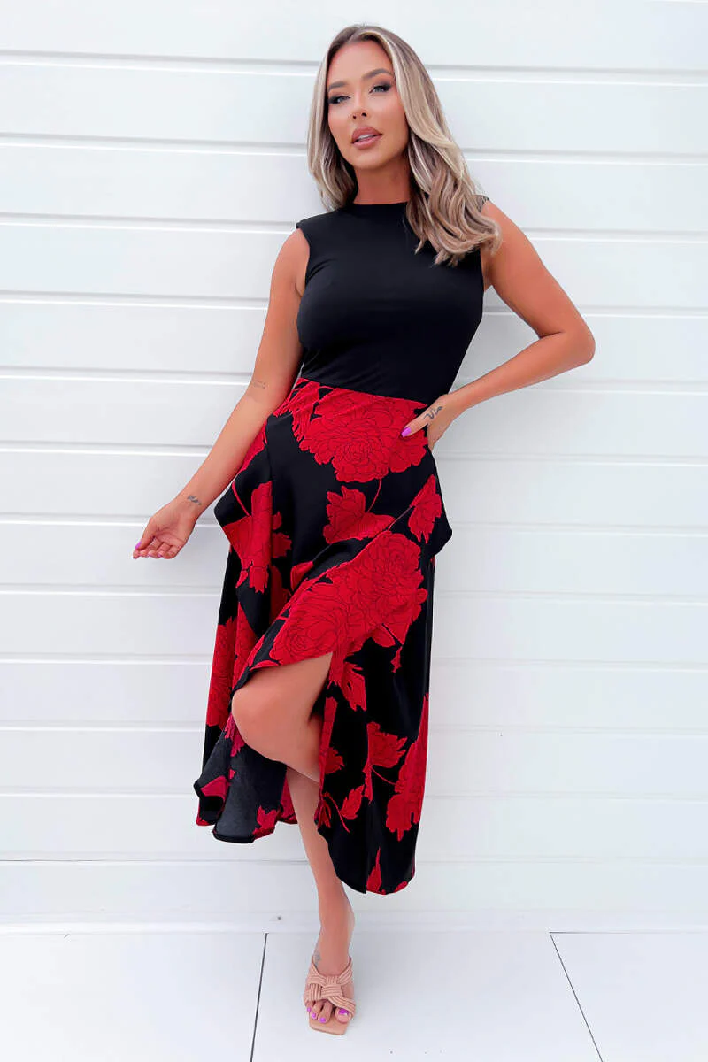 Red and Black Floral Print 2 in 1 Midi Dress - Swimclubus