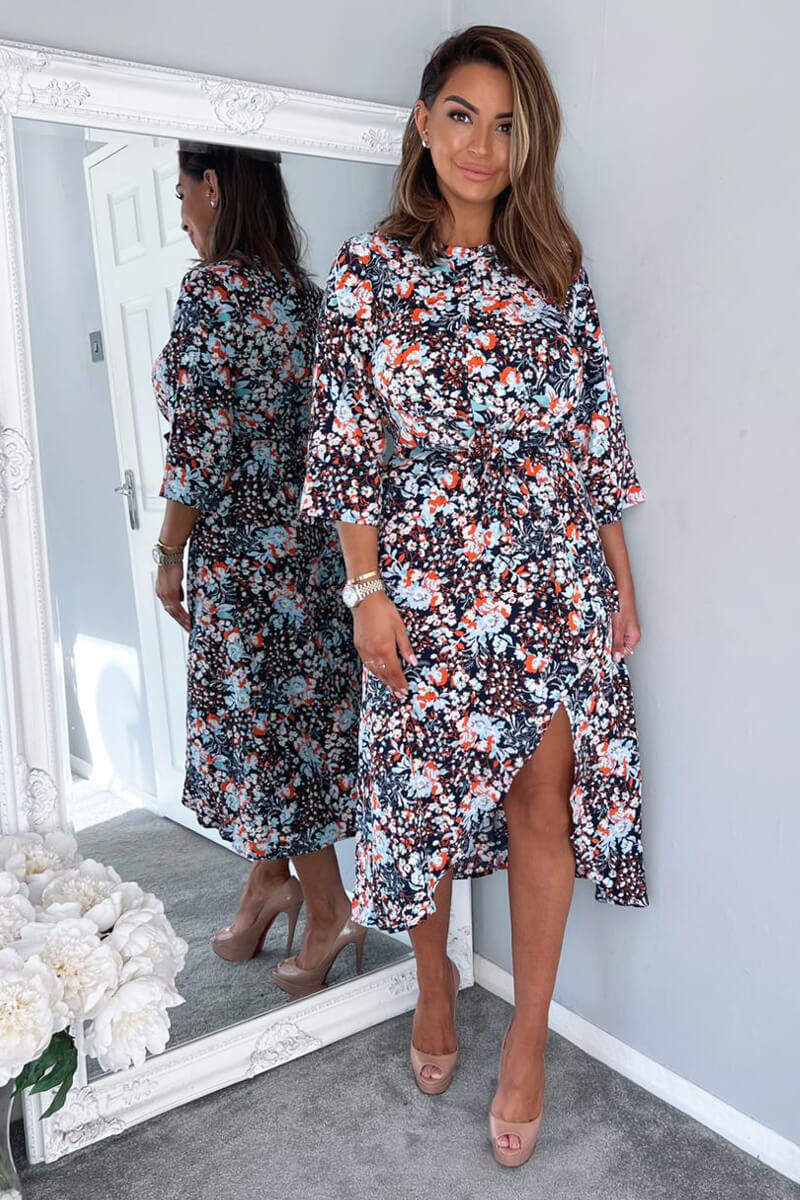 Navy Floral Wrap Tie Front Midi Dress - Swimclubus