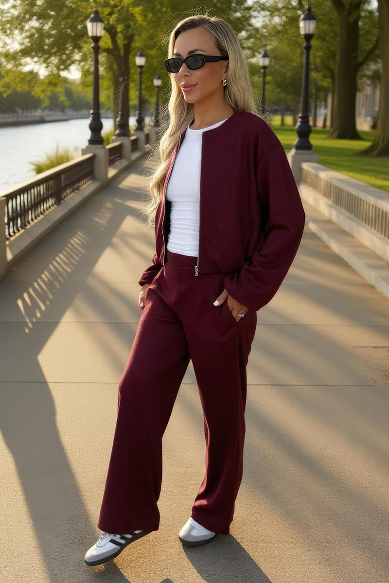 Burgundy Wide Leg Soft Trousers - Swimclubus