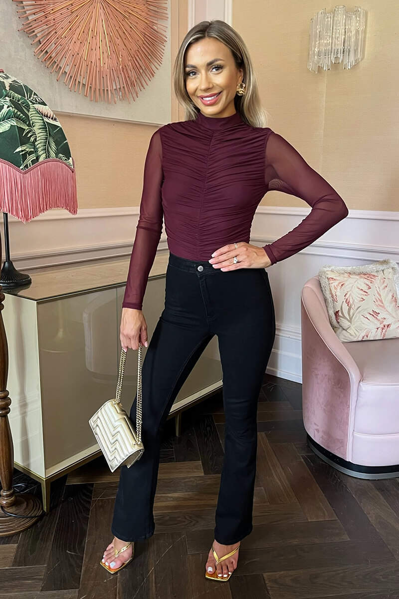 Plum High Neck Long Sleeve Ruched Mesh Bodysuit - Swimclubus