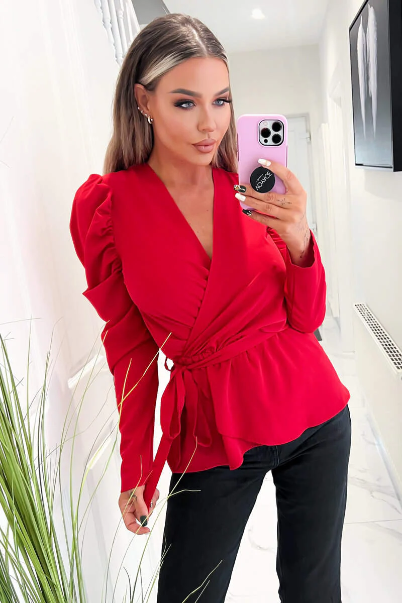 Red Belted Wrap Long Sleeve Top - Swimclubus
