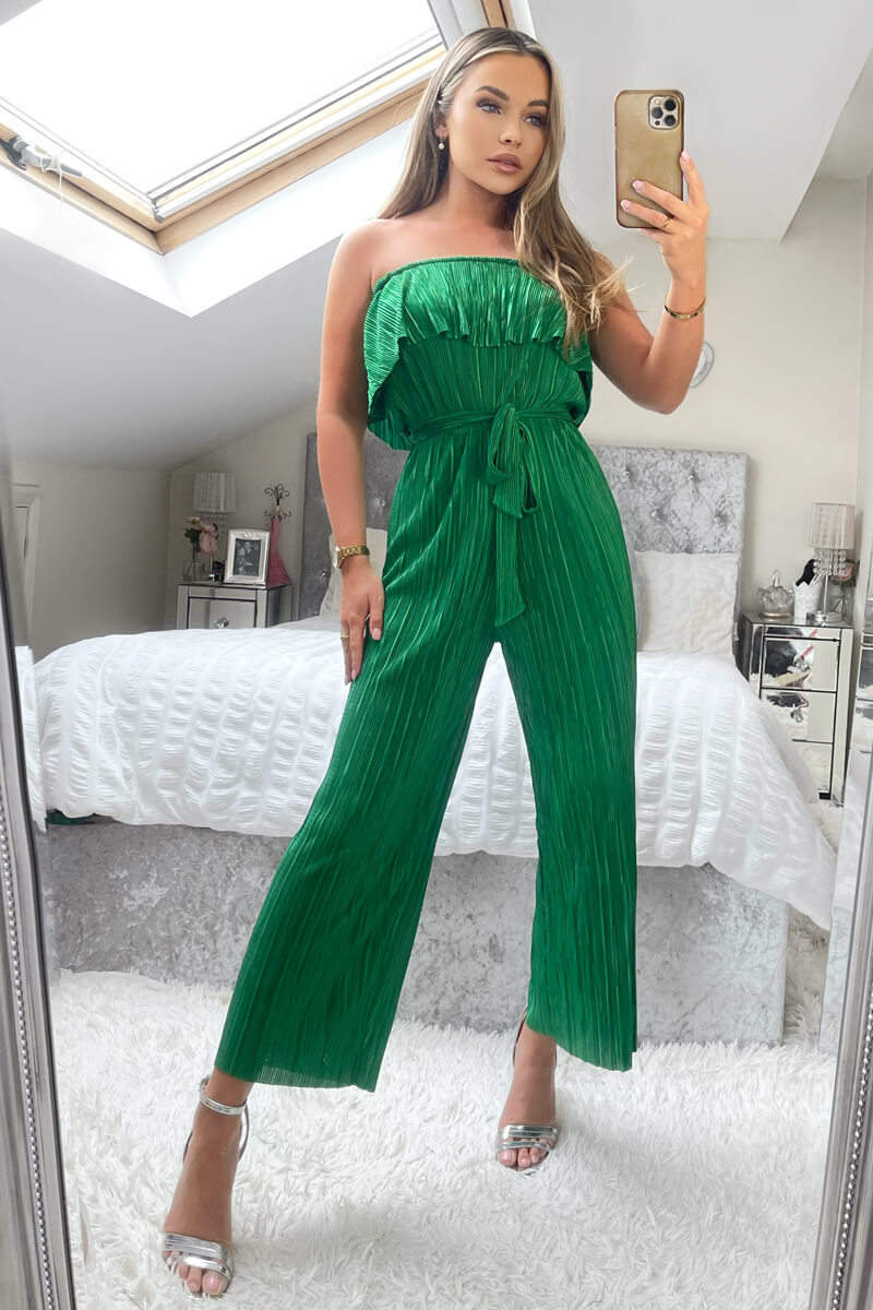 Jade Green Plisse Bardot Jumpsuit - Swimclubus