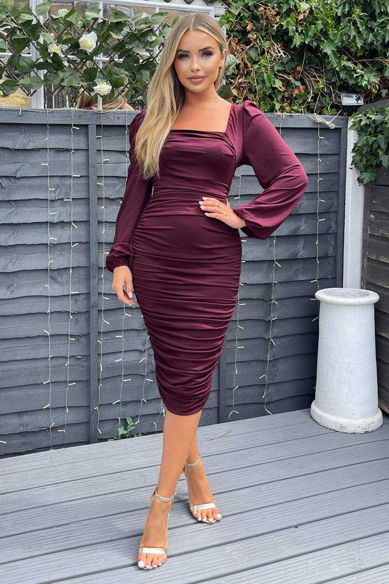 Plum Square Neck Ruched Long Sleeve Midi Dress - Swimclubus