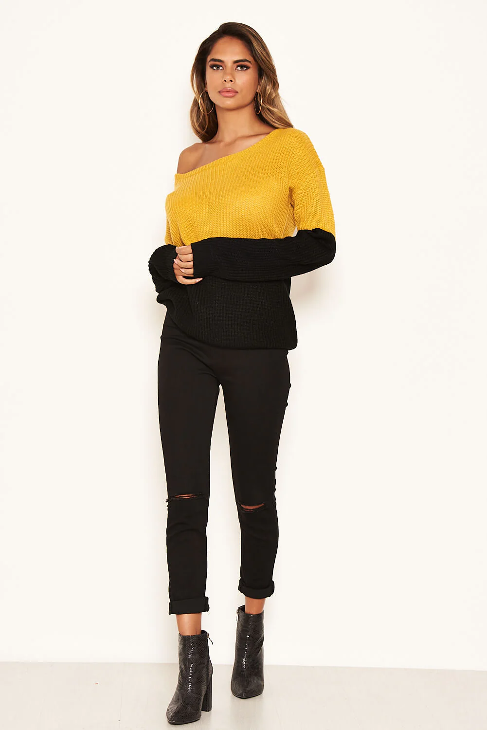 Mustard and Black Off Shoulder Knit Jumper - Swimclubus
