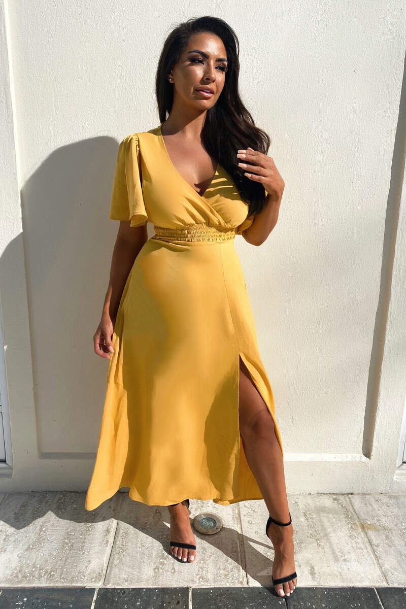 Mustard Gathered Waist Midi Dress - Swimclubus