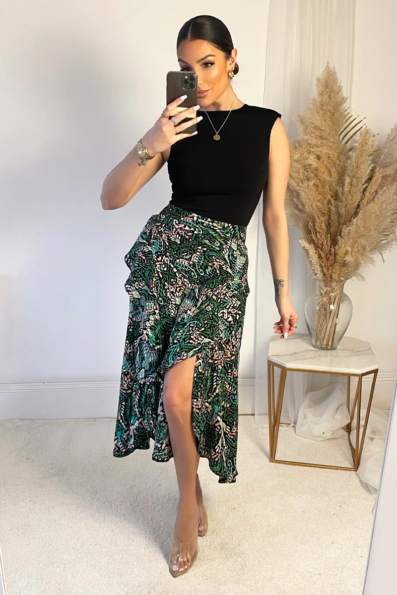 Green And Black Printed 2 in 1 Midi Dress - Swimclubus