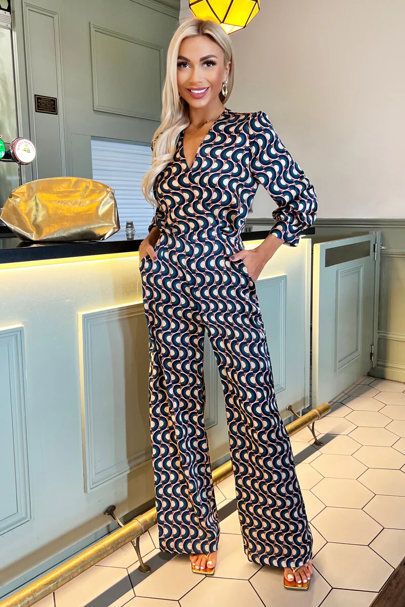 Multi Print 3/4 Length Sleeve Wrap Top Belted Jumpsuit - Swimclubus