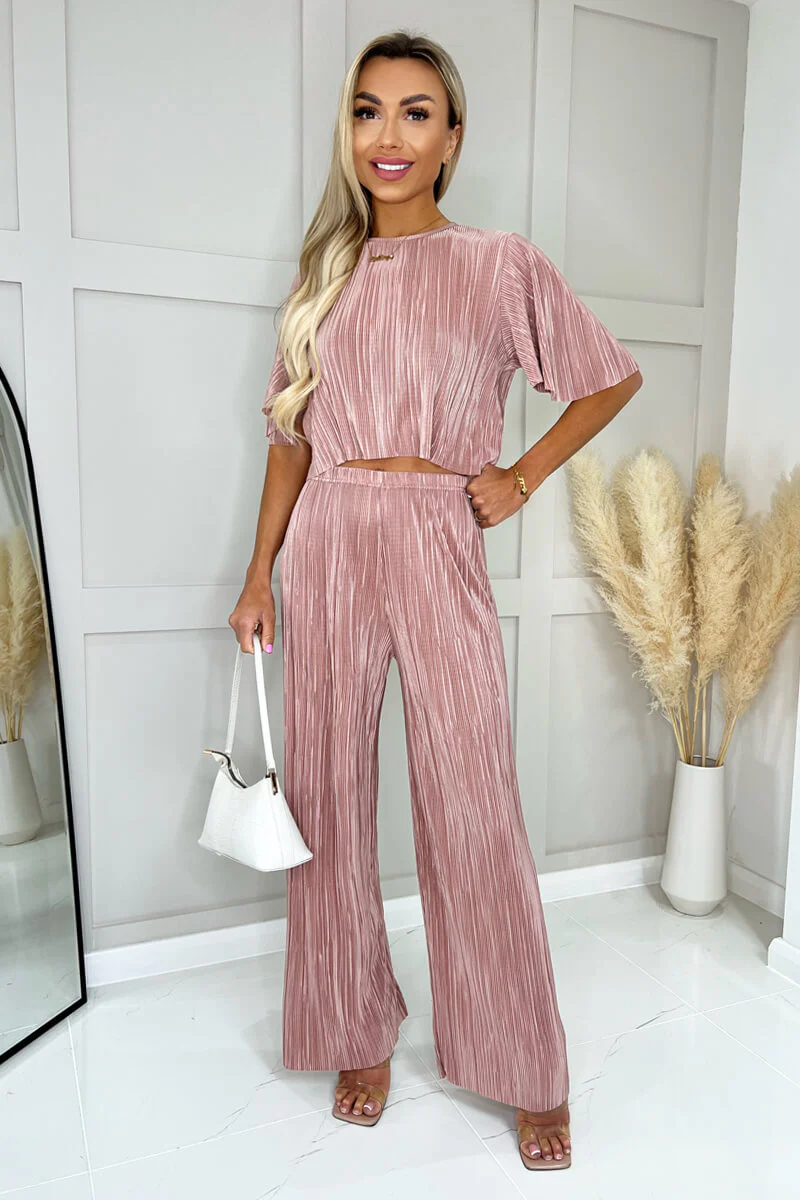 Champagne Plisse Straight Leg Trousers - Swimclubus