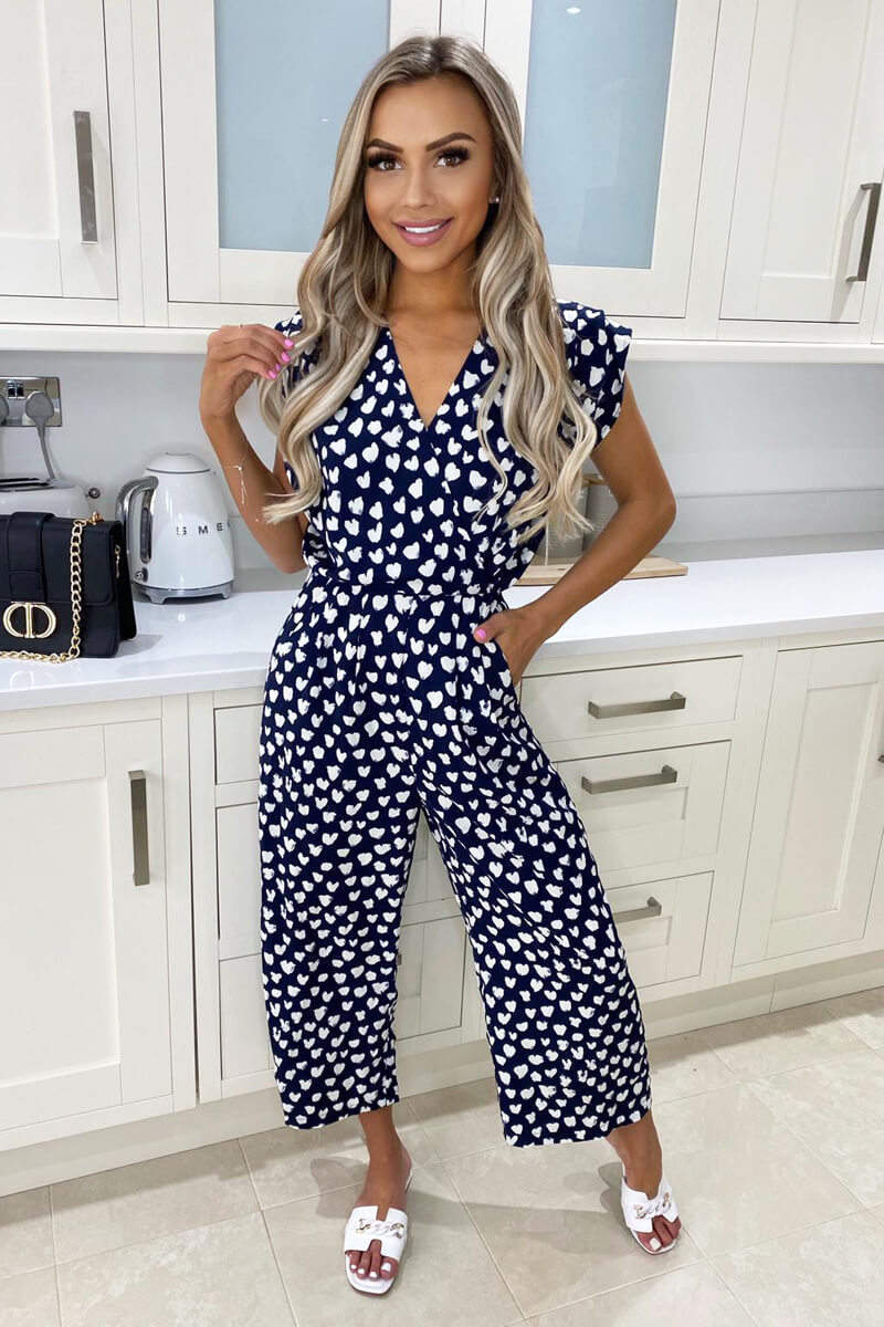 Navy Heart Print Culotte Jumpsuit - Swimclubus
