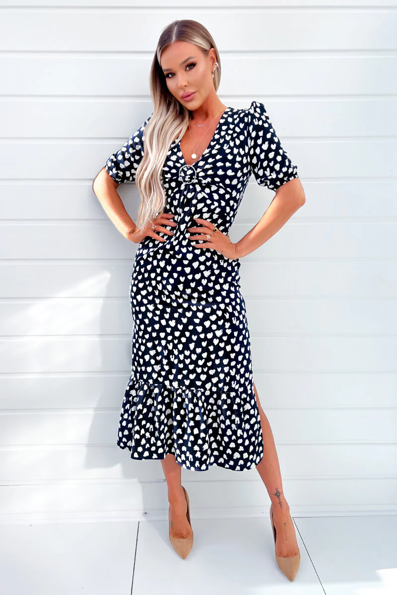 Navy Heart Printed Hoop Knot Short Sleeve Midi Dress - Swimclubus
