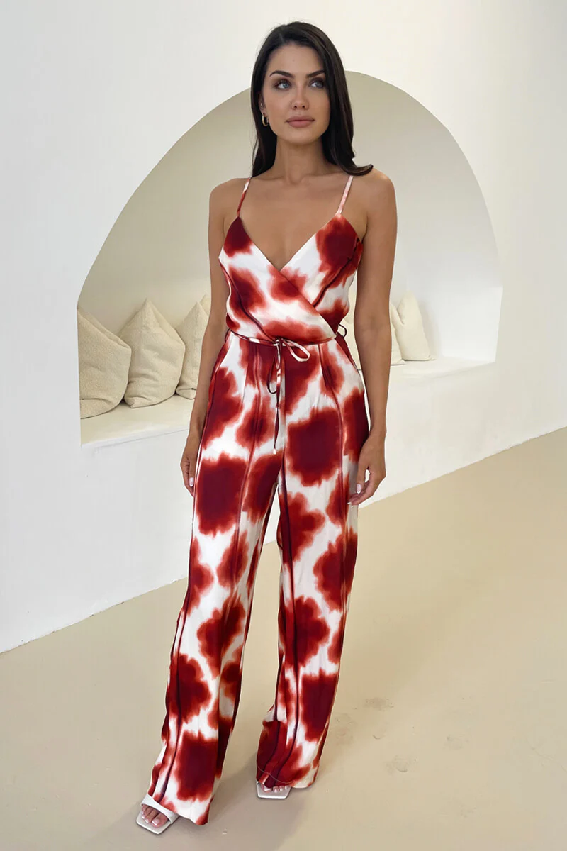 Rust Printed Strappy Tie Waist Jumpsuit - Swimclubus