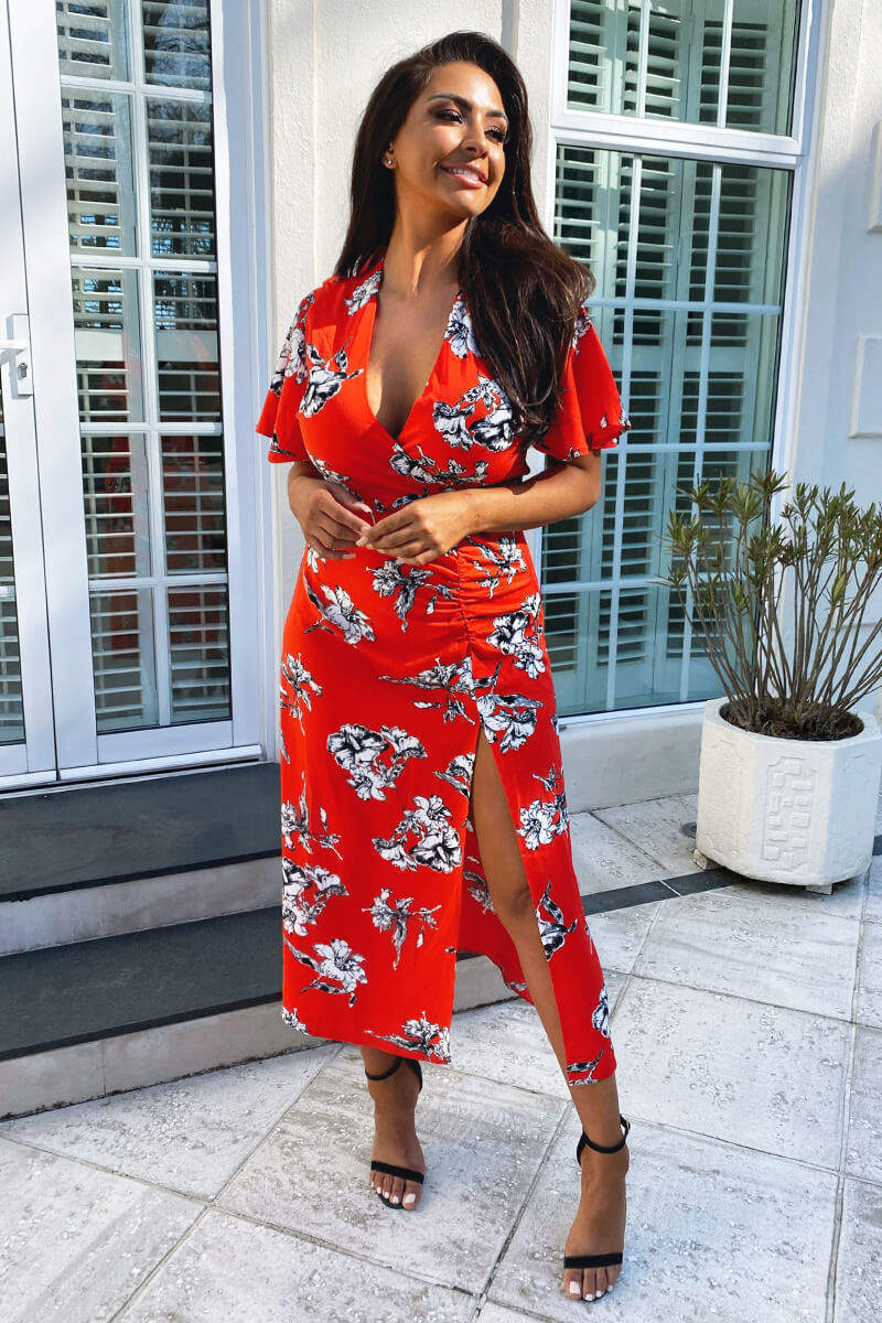 Red Floral Print Bell Sleeve Midi Dress - Swimclubus