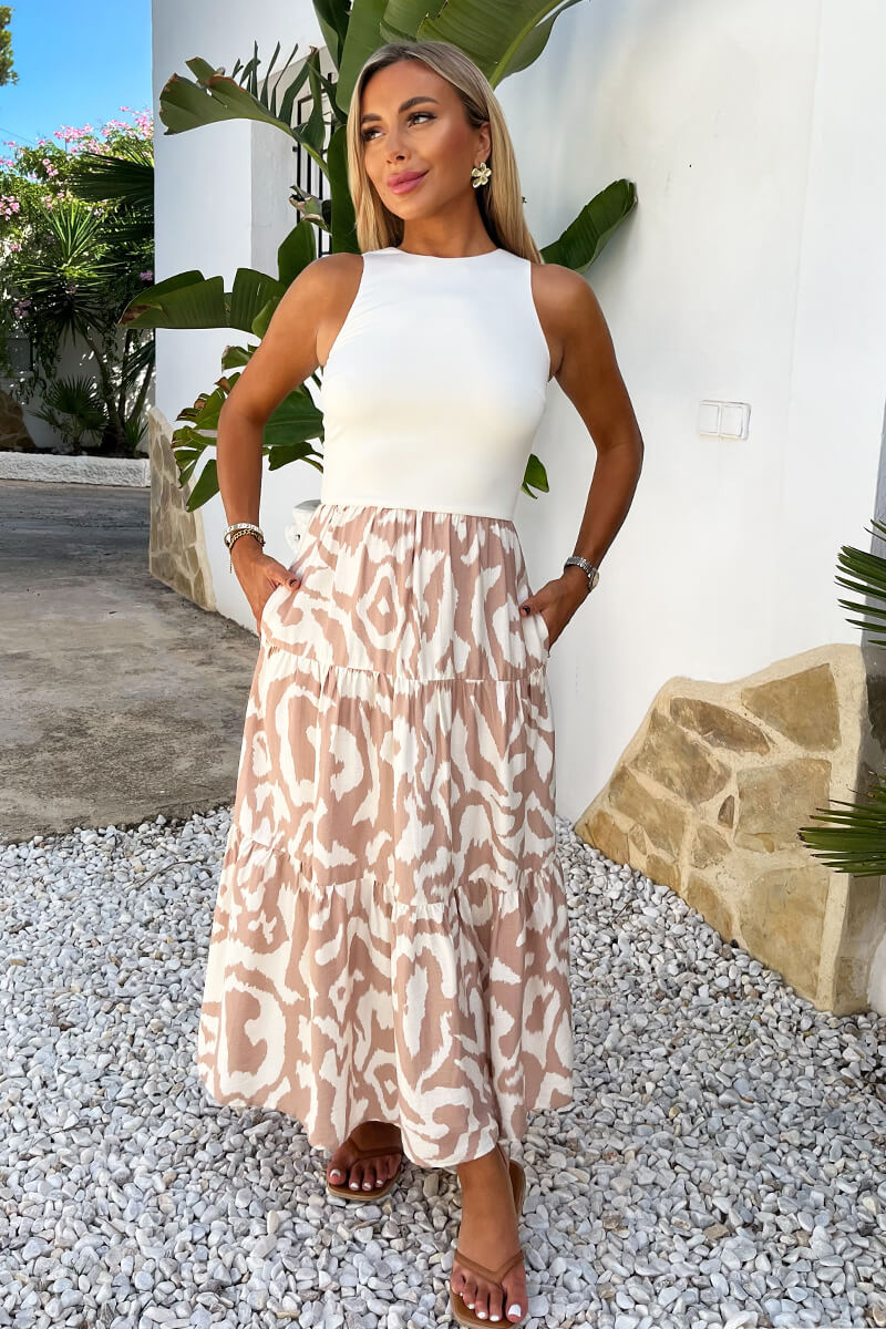 Stone And Cream Abstract Print 2 In 1 Smock Midi Dress - Swimclubus