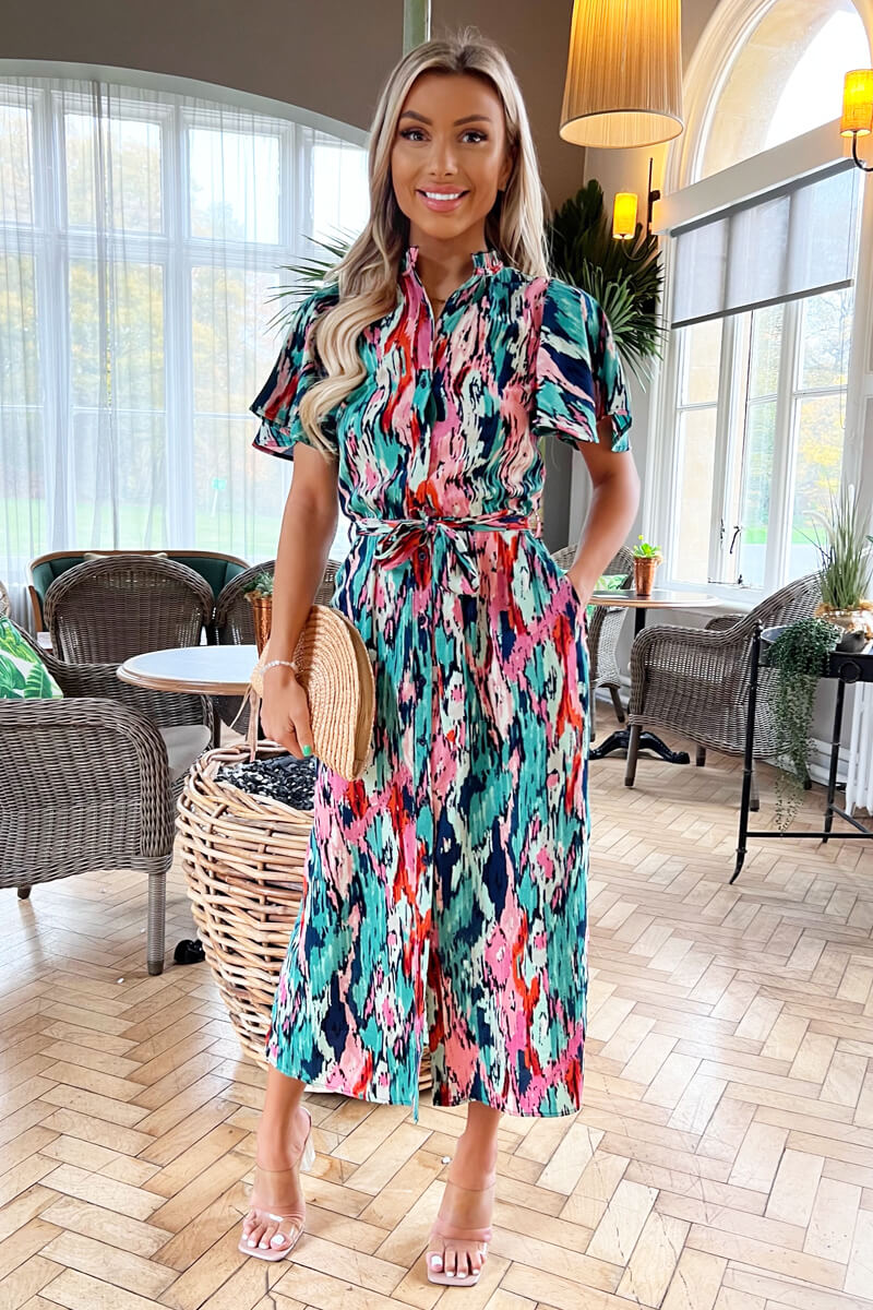 Multi Abstract Printed Tie Waist Short Sleeve Shirt Dress - Swimclubus
