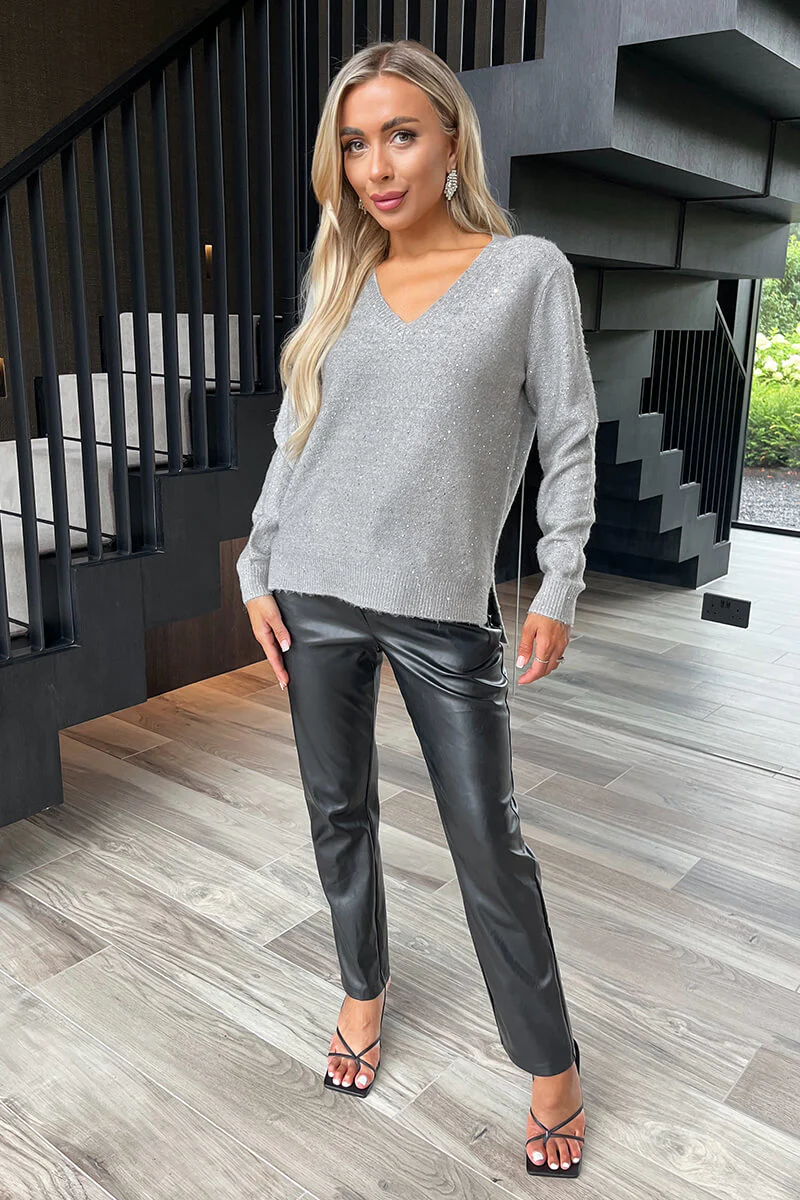 Grey Sequin Detail V-Neck Jumper - Swimclubus