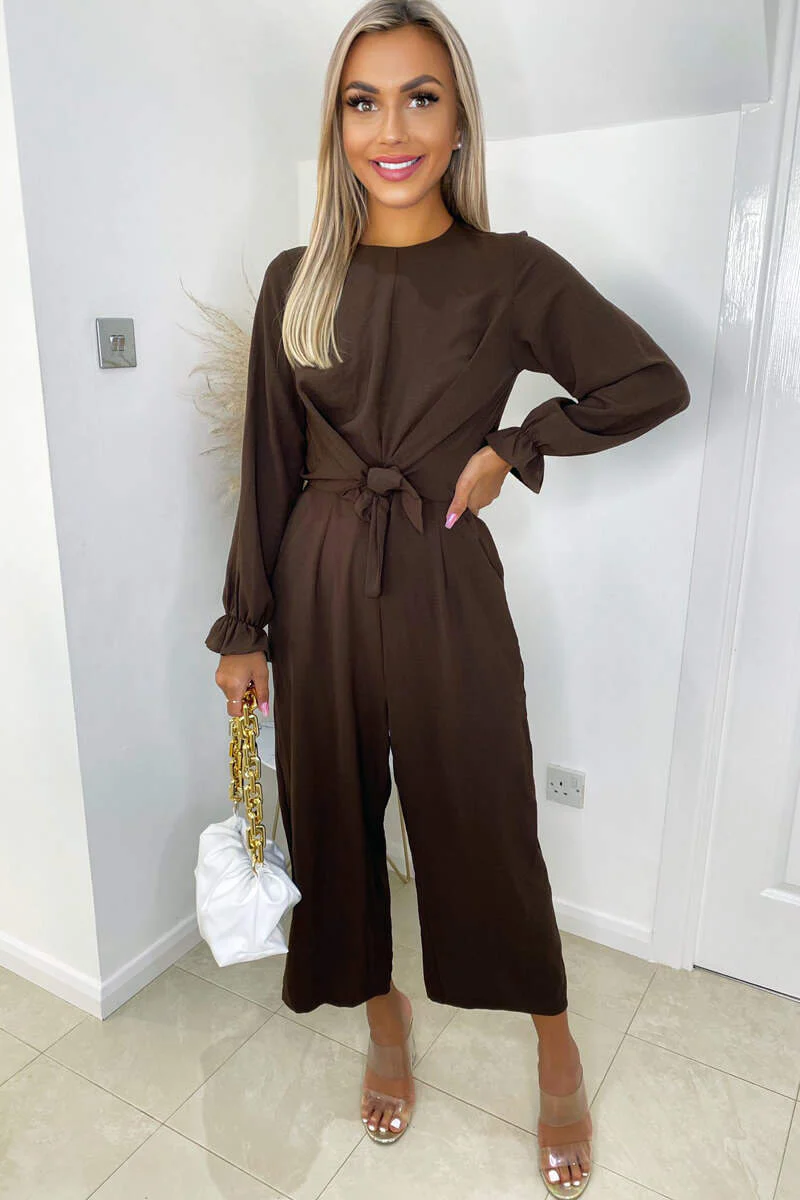 Chocolate Tie Front Long Sleeve Jumpsuit - Swimclubus