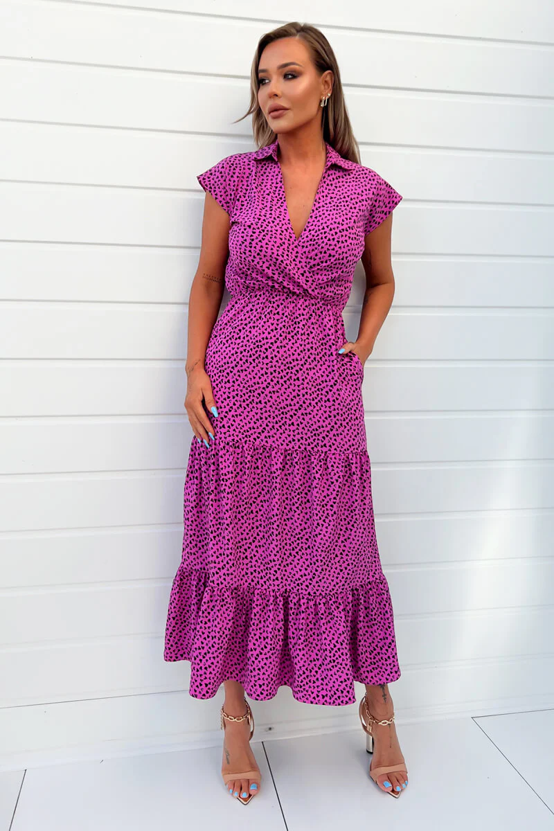 Hot Pink Heart Print Collared Smock Midi Dress - Swimclubus