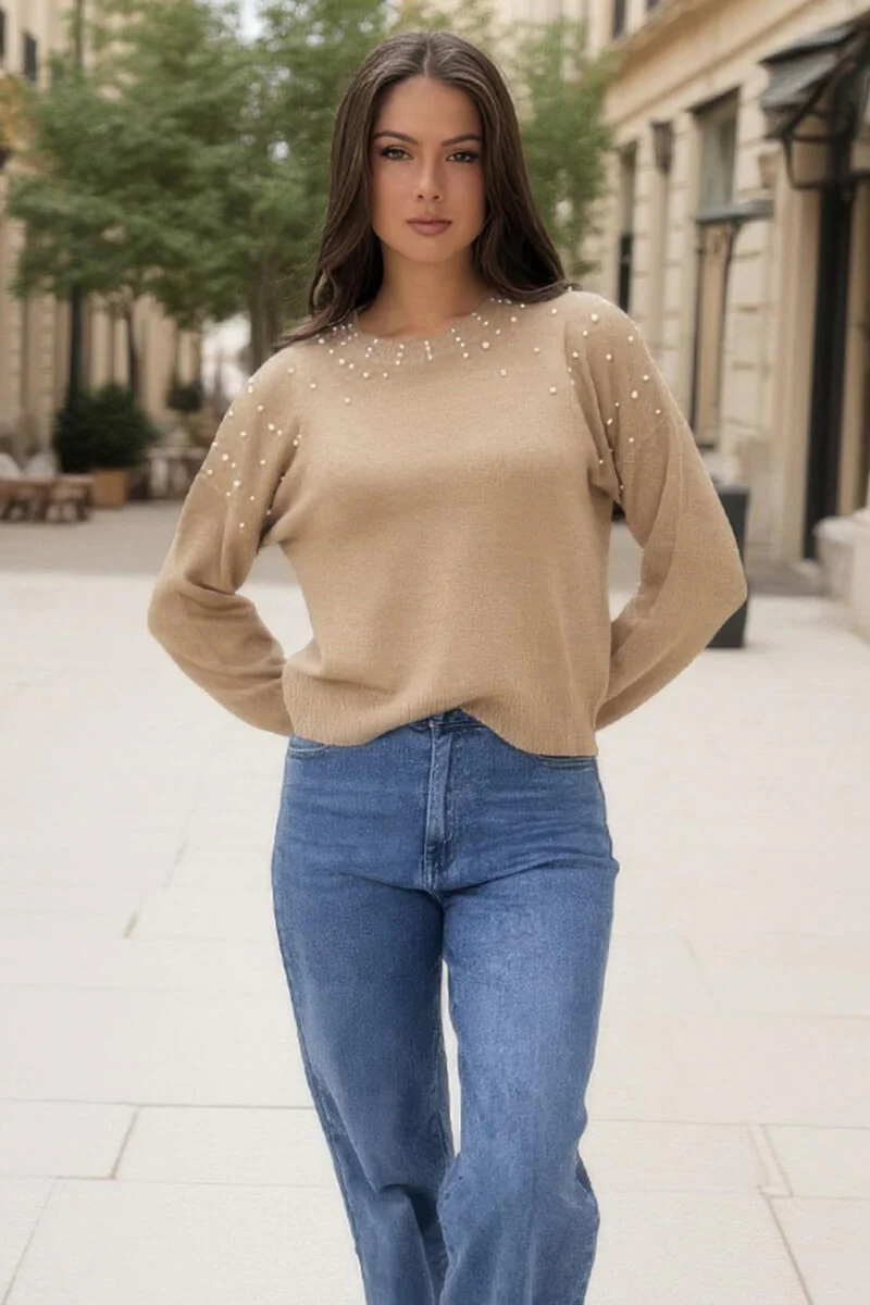 Oatmeal Pearl Embellished Crew Neck Jumper - Swimclubus