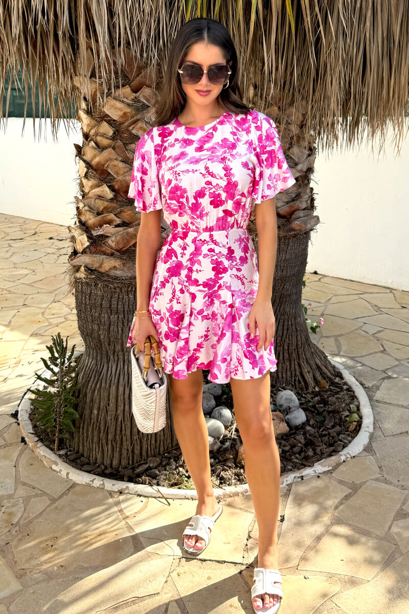 Pink And White Floral Print Butterfly Sleeve Skater Mini Dress - Swimclubus