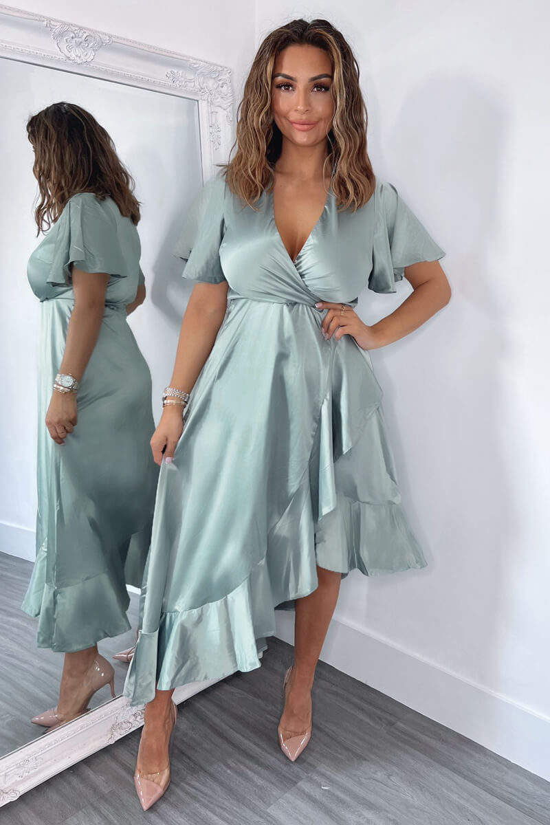 Duck Egg Satin Frill Hem Short Sleeve Midi Dress - Swimclubus