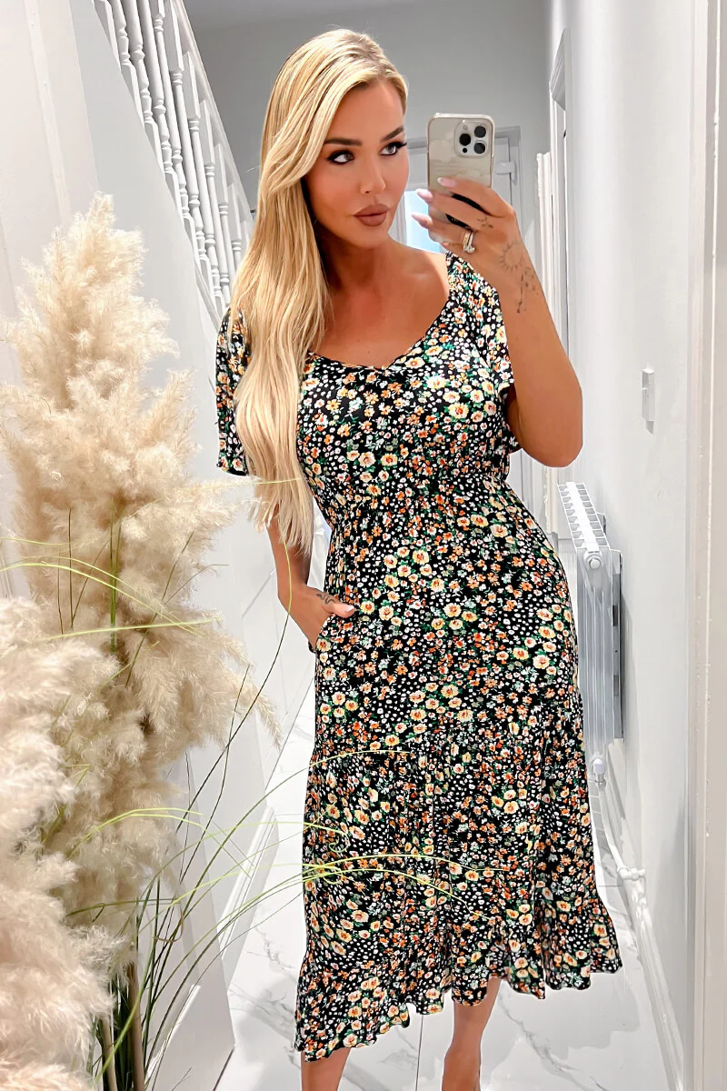 Multi Ditsy Printed Flutter Sleeve Midi Dress - Swimclubus